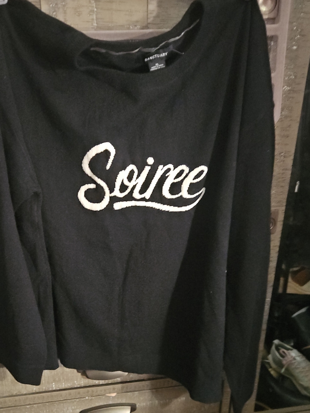 Sanctuary Womens Black Soiree Script Long Sleeve Light Sweater